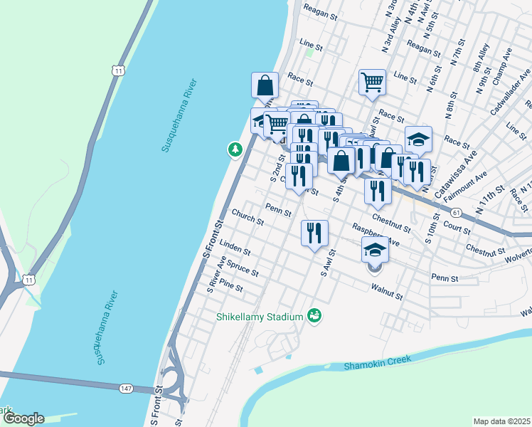 map of restaurants, bars, coffee shops, grocery stores, and more near 242 Church Street in Sunbury