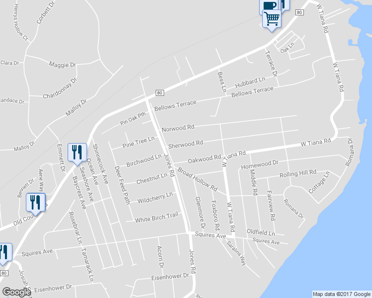 map of restaurants, bars, coffee shops, grocery stores, and more near 18 Oakwood Road in Hampton Bays