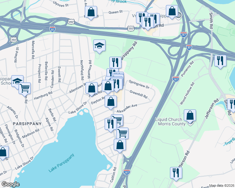 map of restaurants, bars, coffee shops, grocery stores, and more near 180 Parsippany Road in Parsippany-Troy Hills