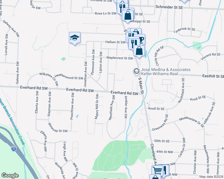 map of restaurants, bars, coffee shops, grocery stores, and more near 1520 Westfield Avenue Southwest in Canton