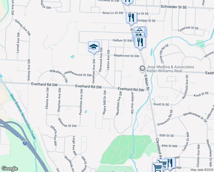 map of restaurants, bars, coffee shops, grocery stores, and more near 1527 Mabry Mill Drive Southwest in Canton