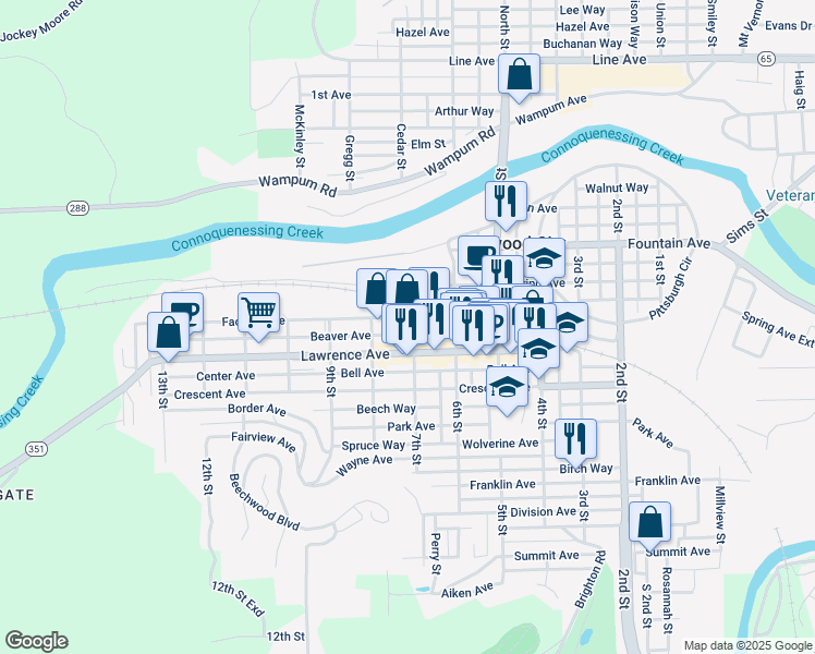 map of restaurants, bars, coffee shops, grocery stores, and more near 632 Lawrence Avenue in Ellwood City