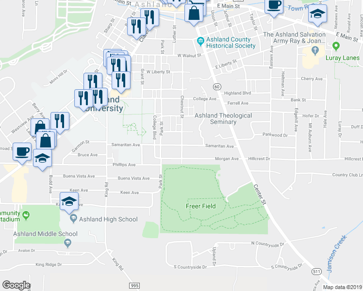 map of restaurants, bars, coffee shops, grocery stores, and more near 1100 Chestnut Street in Ashland