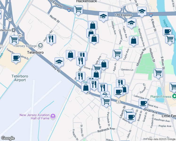 map of restaurants, bars, coffee shops, grocery stores, and more near 24 Grove Street in South Hackensack