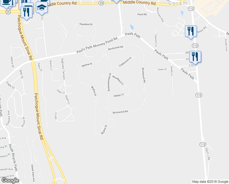 map of restaurants, bars, coffee shops, grocery stores, and more near 790 Brettonwoods Drive in Coram