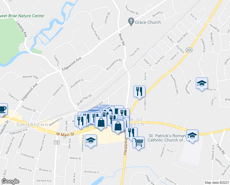 map of restaurants, bars, coffee shops, grocery stores, and more near 4 Sundale Court in Smithtown