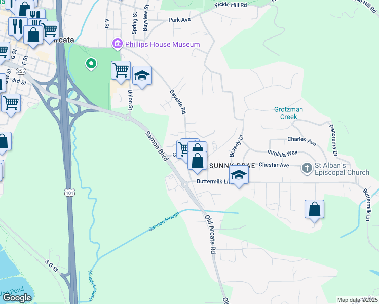 map of restaurants, bars, coffee shops, grocery stores, and more near 827 Old Arcata Road in Arcata