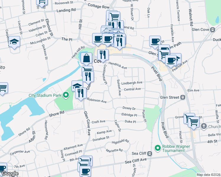 map of restaurants, bars, coffee shops, grocery stores, and more near 45 Continental Place in Glen Cove