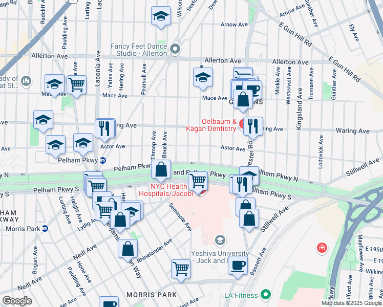 map of restaurants, bars, coffee shops, grocery stores, and more near 1327 Astor Avenue in Bronx