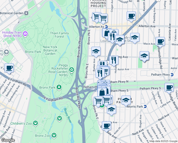 map of restaurants, bars, coffee shops, grocery stores, and more near 2292 Bronx Park East in Bronx