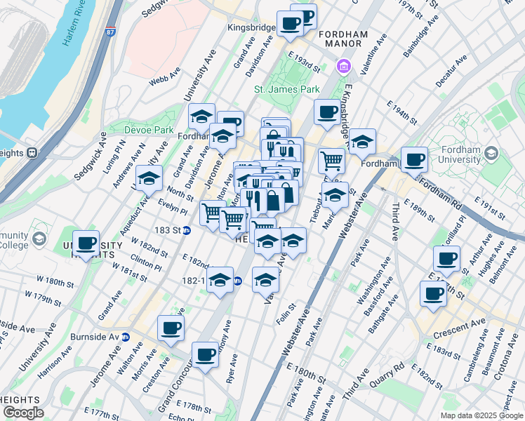 map of restaurants, bars, coffee shops, grocery stores, and more near in The Bronx