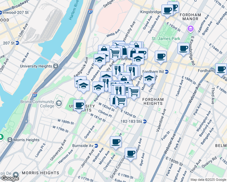 map of restaurants, bars, coffee shops, grocery stores, and more near 2304 Grand Avenue in Bronx