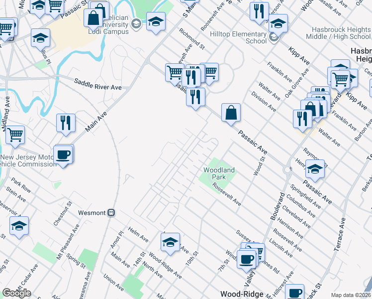map of restaurants, bars, coffee shops, grocery stores, and more near 26 Veterans Drive in Wood-Ridge