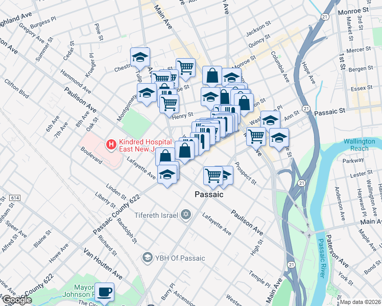 map of restaurants, bars, coffee shops, grocery stores, and more near in Passaic