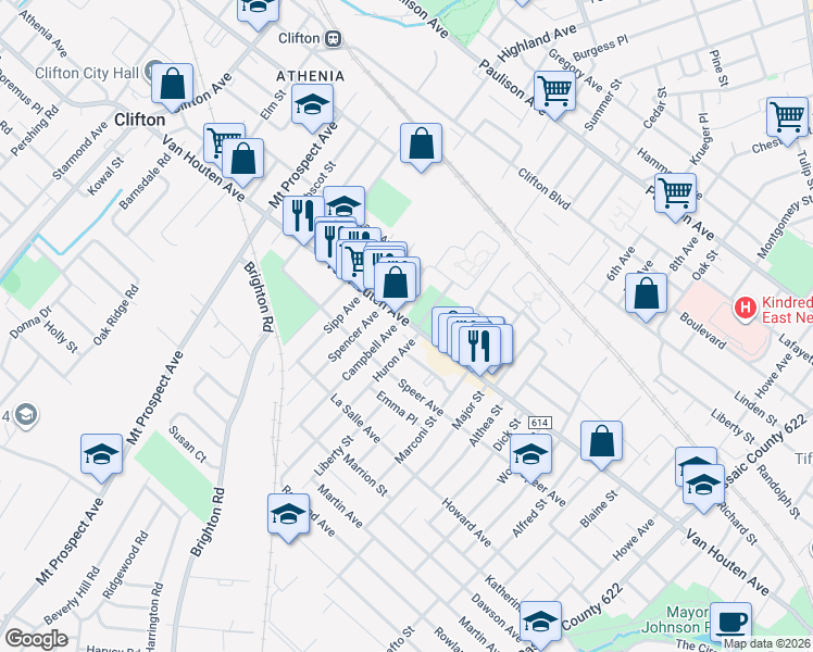 map of restaurants, bars, coffee shops, grocery stores, and more near 716 Van Houten Avenue in Clifton