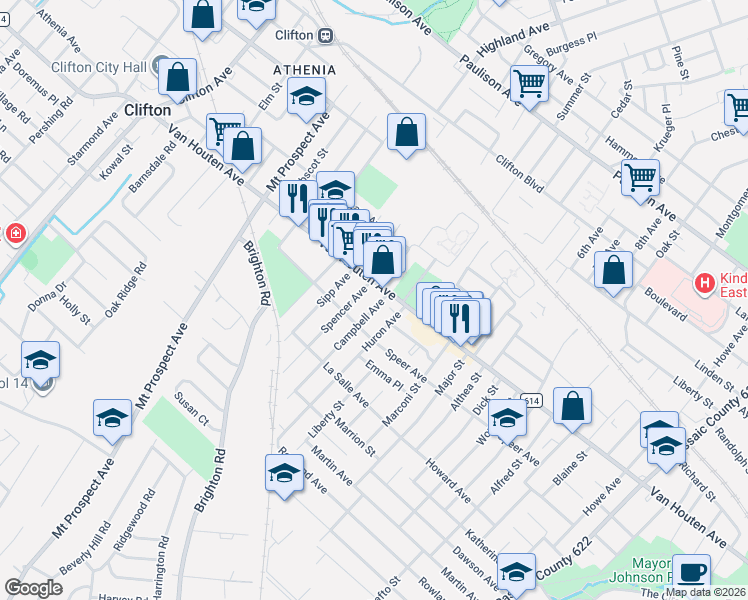 map of restaurants, bars, coffee shops, grocery stores, and more near 716 Van Houten Avenue in Clifton