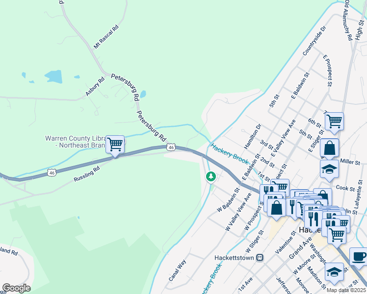map of restaurants, bars, coffee shops, grocery stores, and more near 1 Overlook Drive in Hackettstown