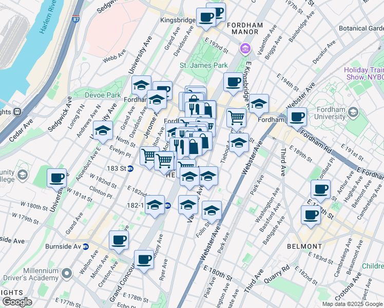 map of restaurants, bars, coffee shops, grocery stores, and more near Grand Concourse & E 184th St in Bronx