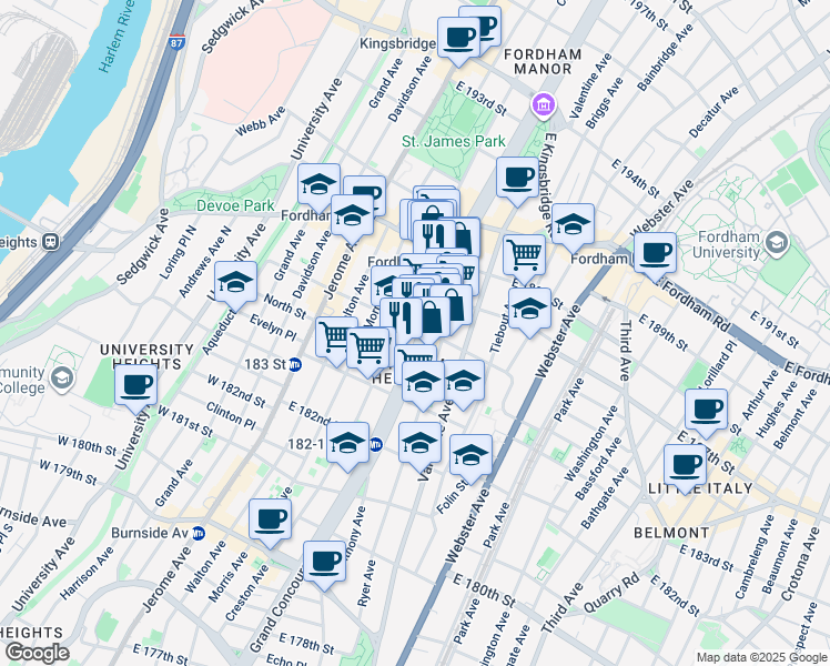map of restaurants, bars, coffee shops, grocery stores, and more near in The Bronx