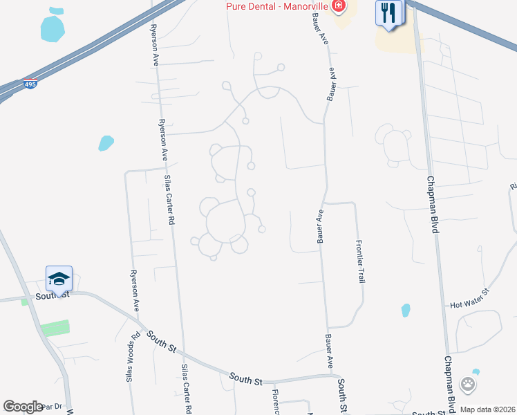 map of restaurants, bars, coffee shops, grocery stores, and more near 240 Barn Swallow Court in Manorville