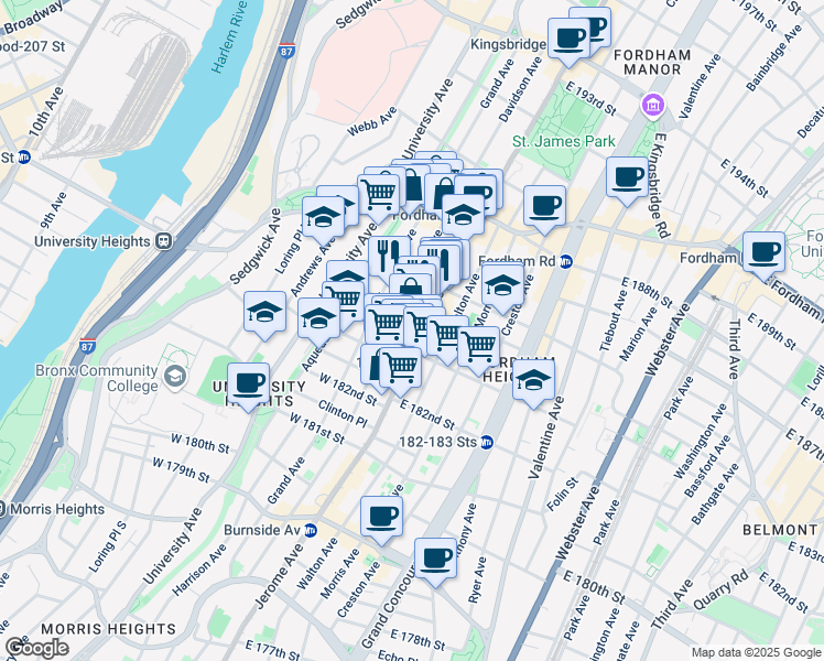 map of restaurants, bars, coffee shops, grocery stores, and more near 7 North Street in The Bronx