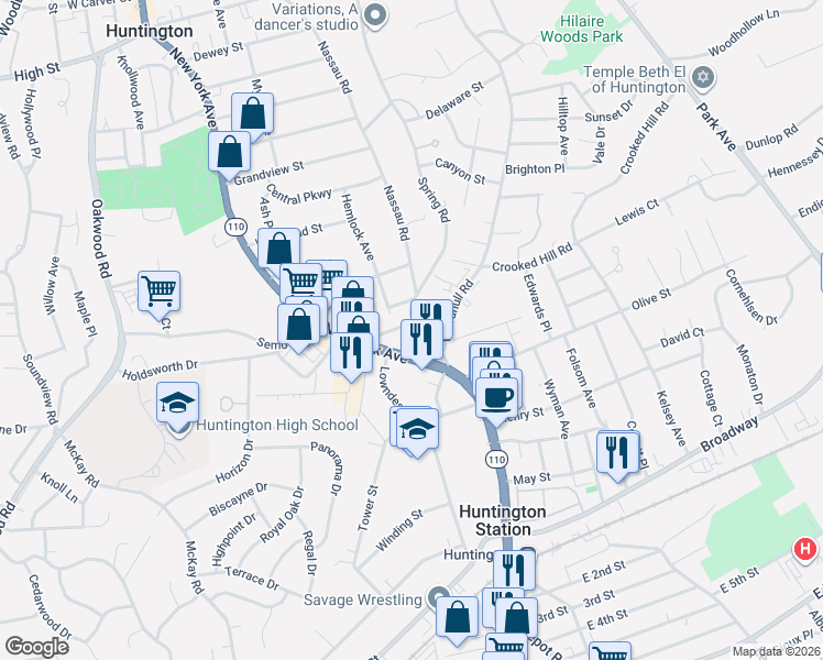 map of restaurants, bars, coffee shops, grocery stores, and more near 311 Nassau Road in Huntington