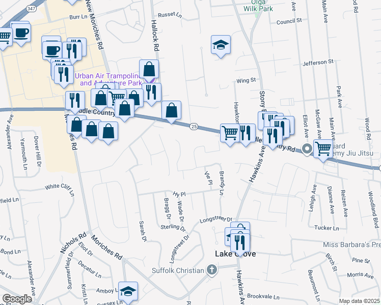 map of restaurants, bars, coffee shops, grocery stores, and more near 8 Roman Court in Lake Grove