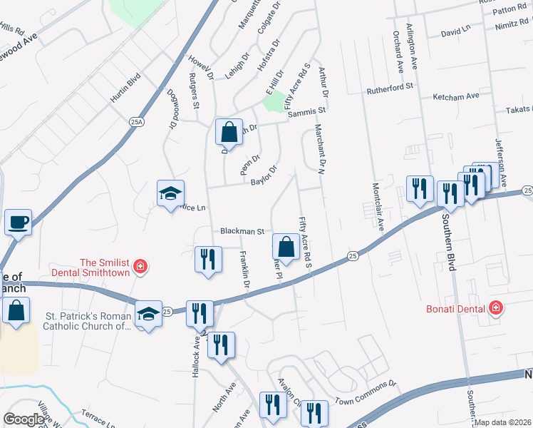 map of restaurants, bars, coffee shops, grocery stores, and more near 25 Lindner Place in Smithtown