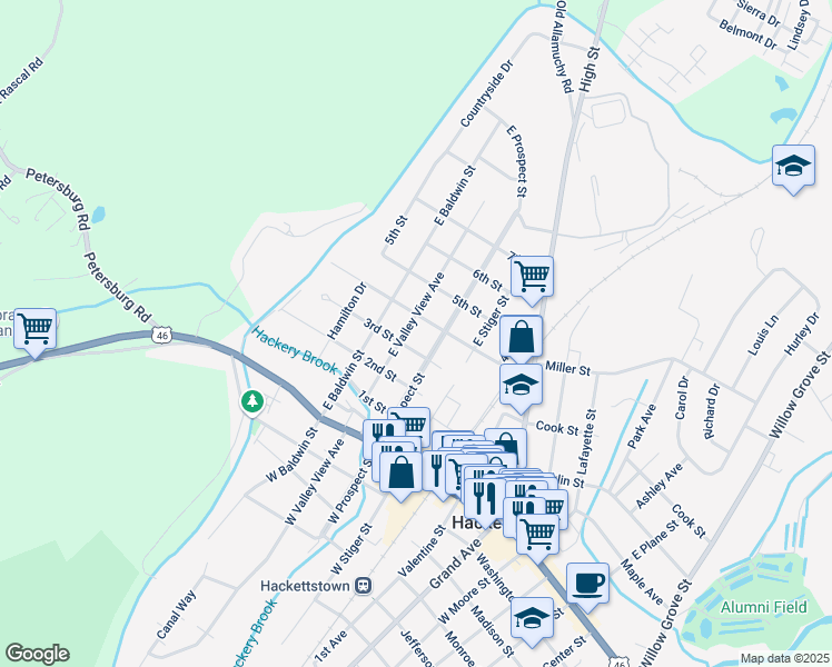 map of restaurants, bars, coffee shops, grocery stores, and more near 412 East Valley View Avenue in Hackettstown