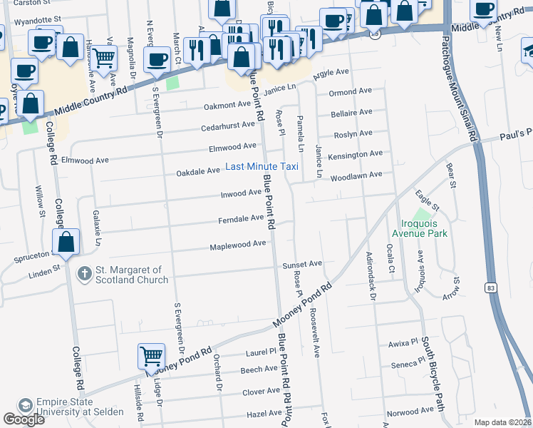 map of restaurants, bars, coffee shops, grocery stores, and more near 80 Blue Point Road in Selden