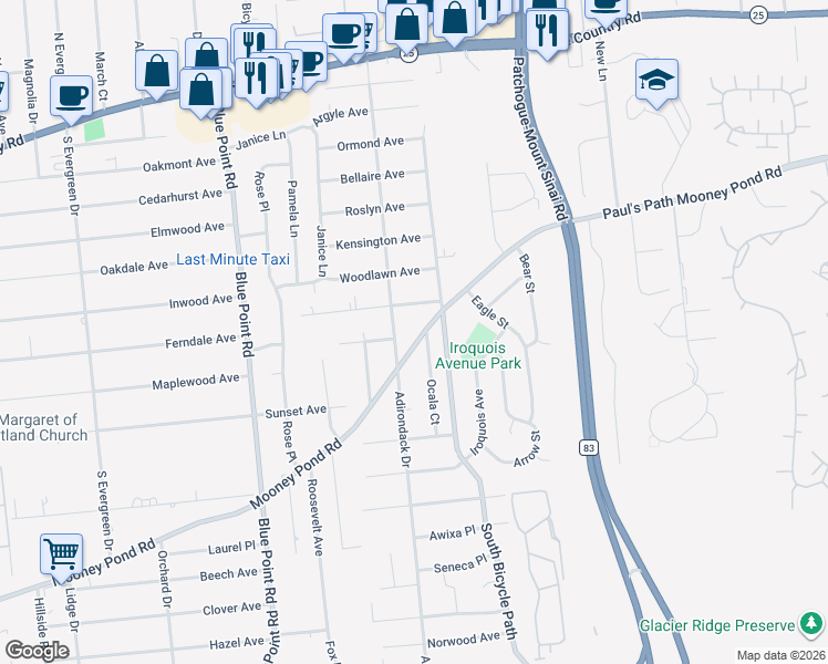 map of restaurants, bars, coffee shops, grocery stores, and more near 8 Laurelton Avenue in Selden