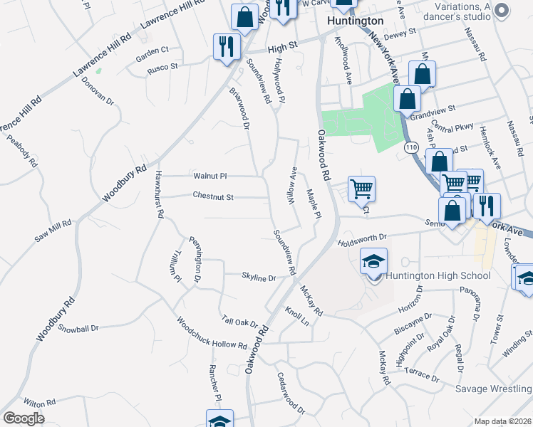 map of restaurants, bars, coffee shops, grocery stores, and more near 200 Soundview Road in Huntington