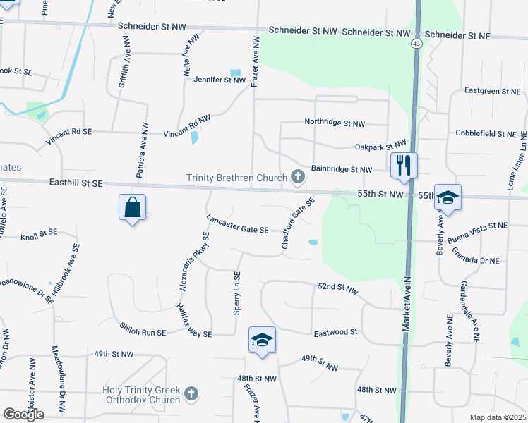 map of restaurants, bars, coffee shops, grocery stores, and more near 1719 Rockbridge Court Southeast in Canton