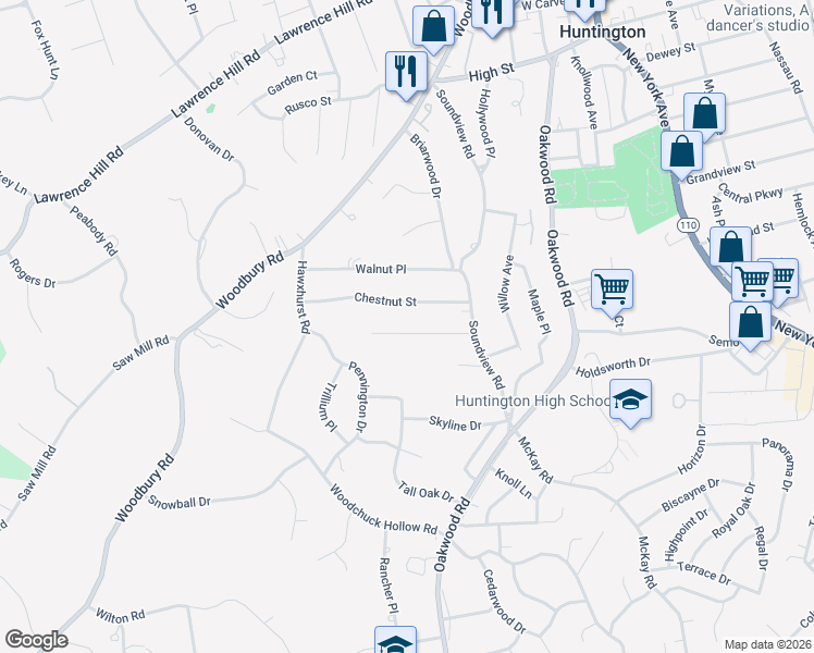 map of restaurants, bars, coffee shops, grocery stores, and more near 44 Chestnut Street in Huntington
