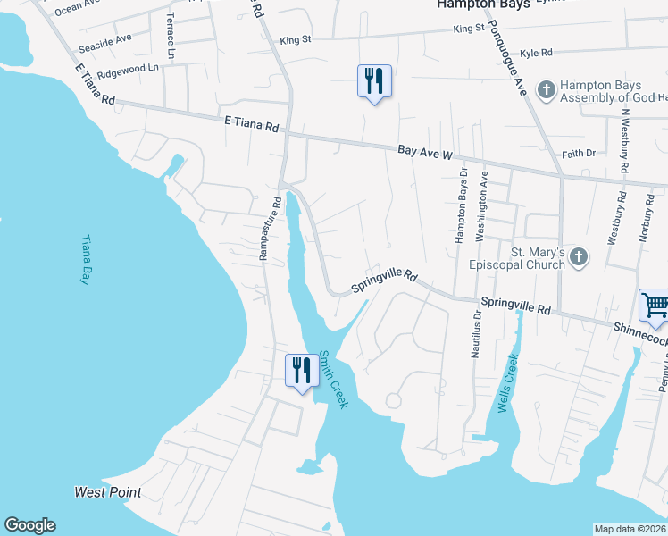 map of restaurants, bars, coffee shops, grocery stores, and more near 177A Springville Road in Hampton Bays