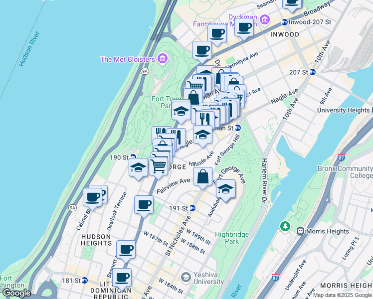 map of restaurants, bars, coffee shops, grocery stores, and more near 64 Nagle Avenue in New York