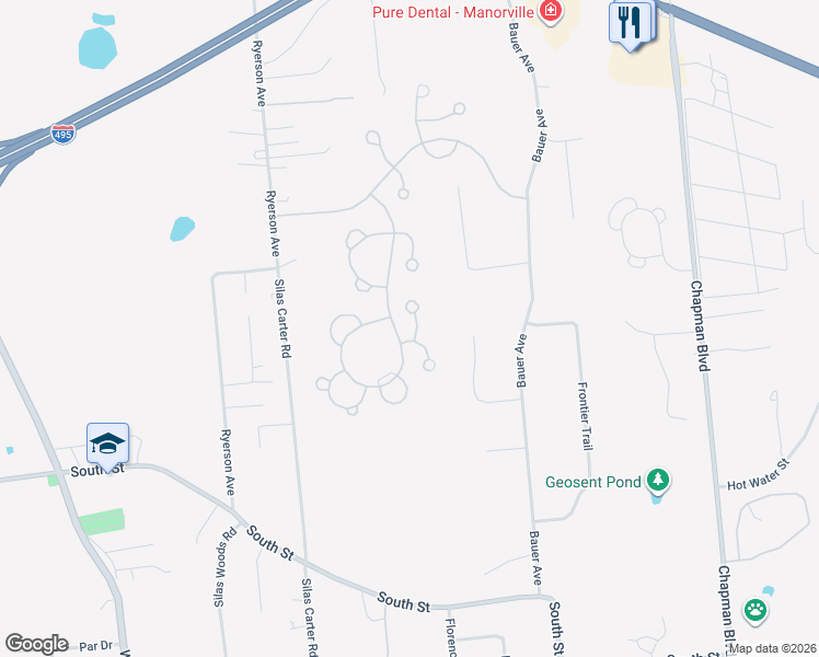 map of restaurants, bars, coffee shops, grocery stores, and more near 220 Barn Swallow Court in Manorville