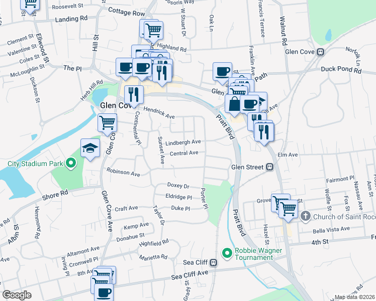 map of restaurants, bars, coffee shops, grocery stores, and more near 13 Lindbergh Avenue in Glen Cove