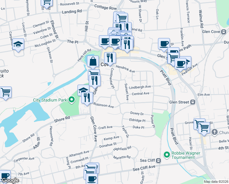 map of restaurants, bars, coffee shops, grocery stores, and more near 45 Continental Place in Glen Cove
