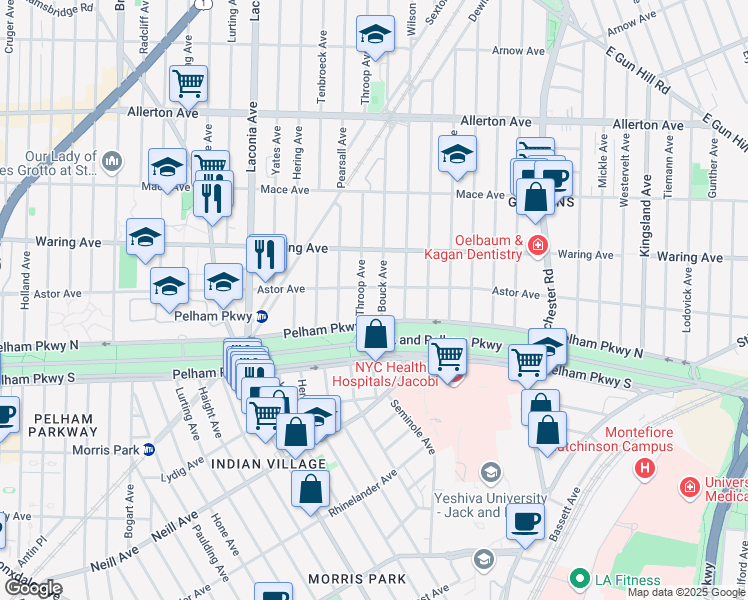 map of restaurants, bars, coffee shops, grocery stores, and more near 2302 Throop Avenue in The Bronx