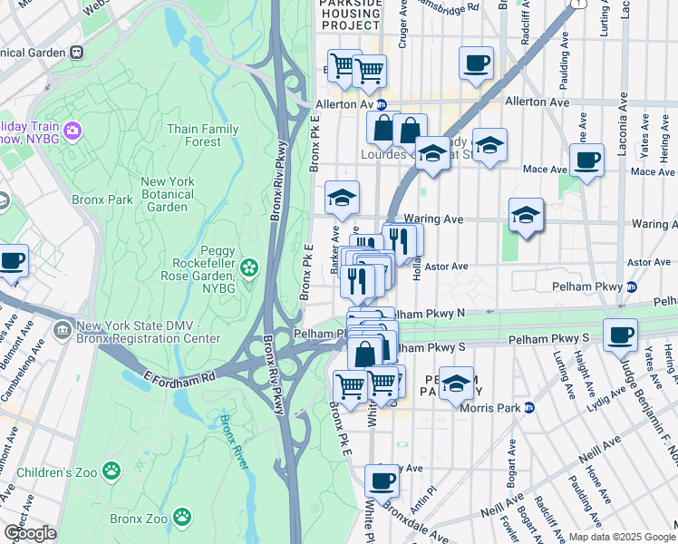 map of restaurants, bars, coffee shops, grocery stores, and more near 2275 Olinville Avenue in Bronx