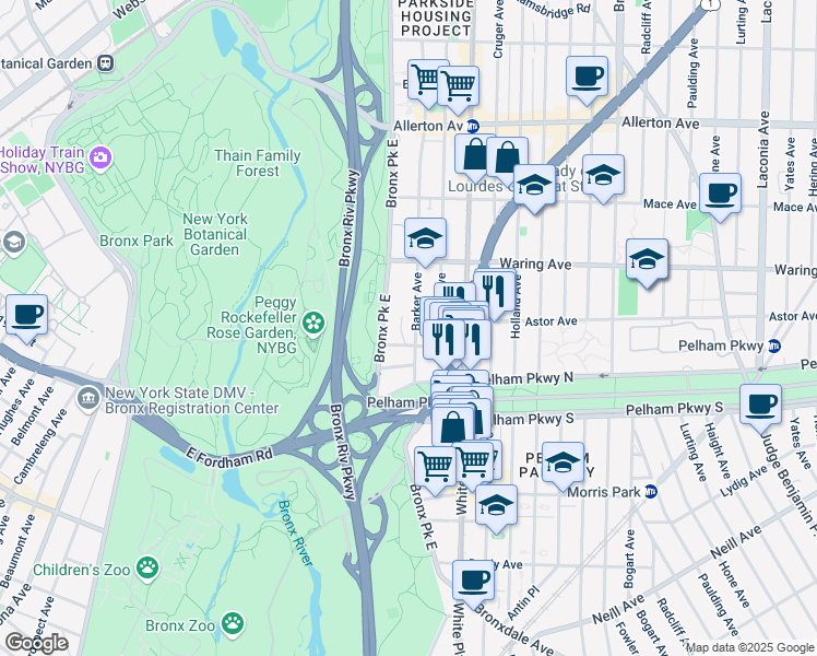map of restaurants, bars, coffee shops, grocery stores, and more near 2292 Bronx Park East in Bronx