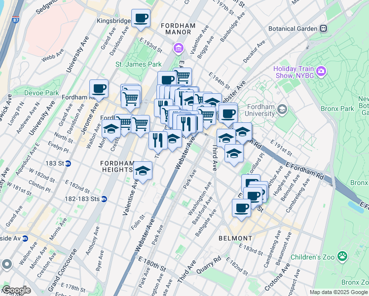 map of restaurants, bars, coffee shops, grocery stores, and more near 355 East 187th Street in Bronx