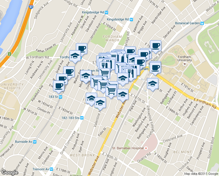 map of restaurants, bars, coffee shops, grocery stores, and more near in The Bronx