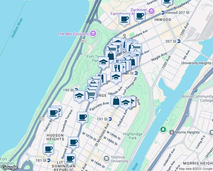 map of restaurants, bars, coffee shops, grocery stores, and more near 64 Nagle Avenue in New York
