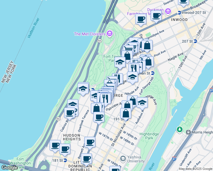 map of restaurants, bars, coffee shops, grocery stores, and more near 6672 Margaret Corbin Drive in New York