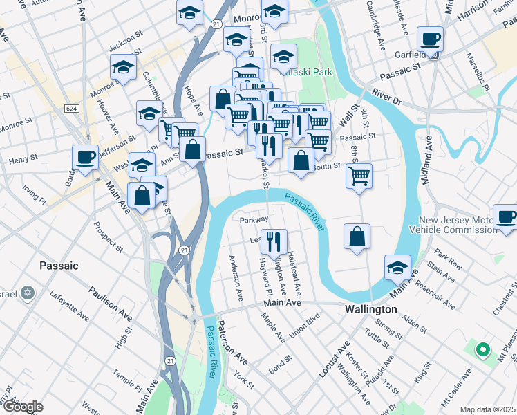 map of restaurants, bars, coffee shops, grocery stores, and more near 1 Market Street in Passaic
