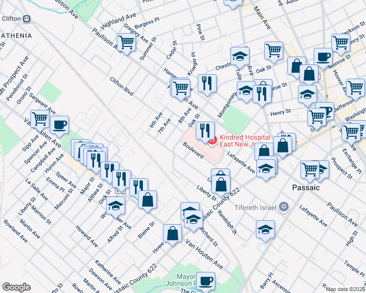 map of restaurants, bars, coffee shops, grocery stores, and more near 490 Oak Street in Passaic