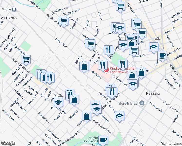 map of restaurants, bars, coffee shops, grocery stores, and more near 63 8th Avenue in Passaic