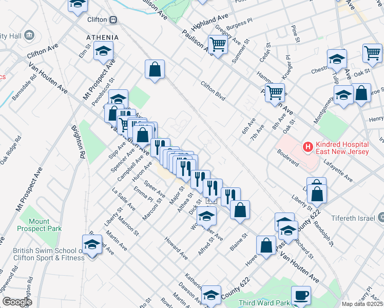map of restaurants, bars, coffee shops, grocery stores, and more near 12 Ladwik Lane in Clifton